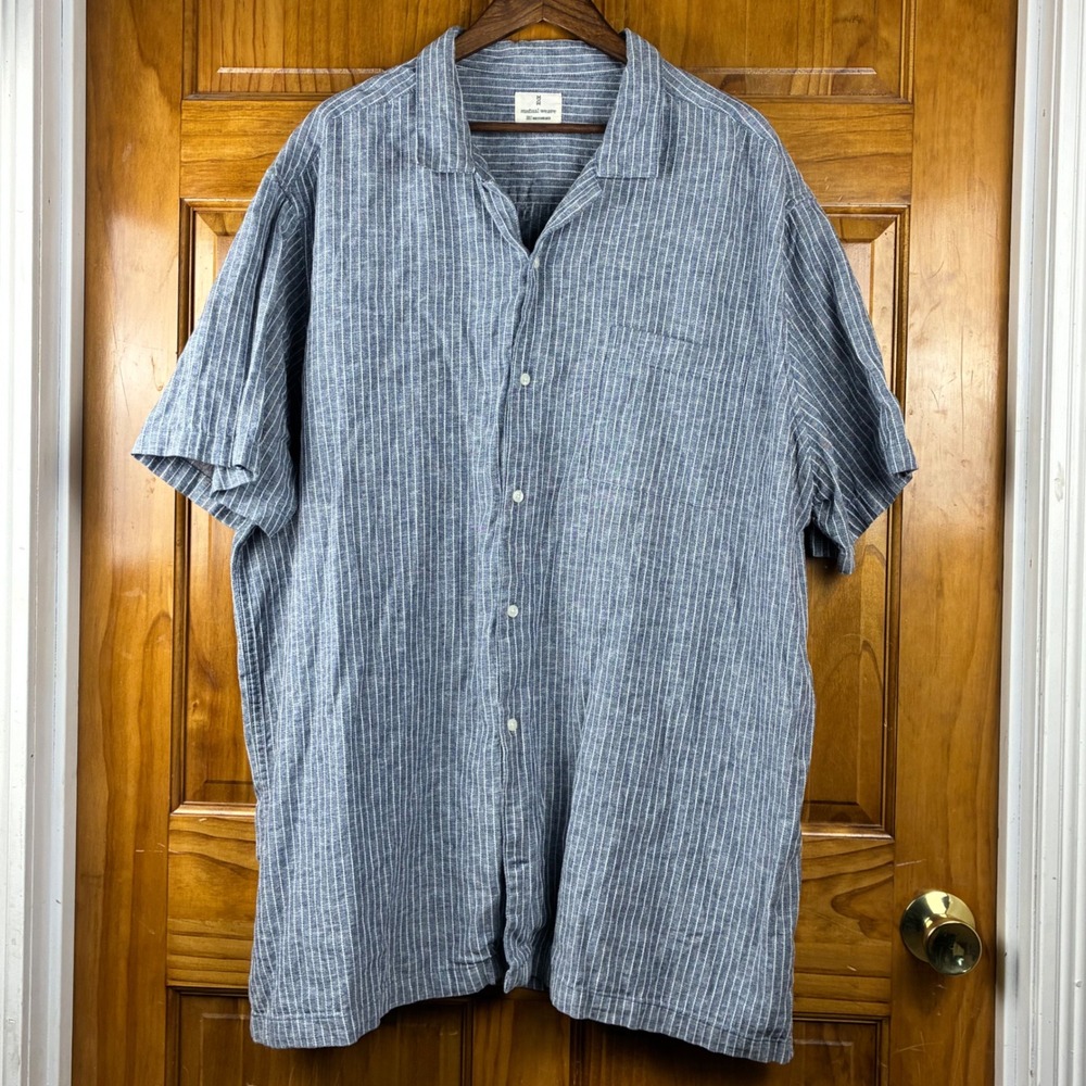 Mutual Weave Mens 3XLT Blue White Striped Linen Blend Short Sleeve Button Shirt